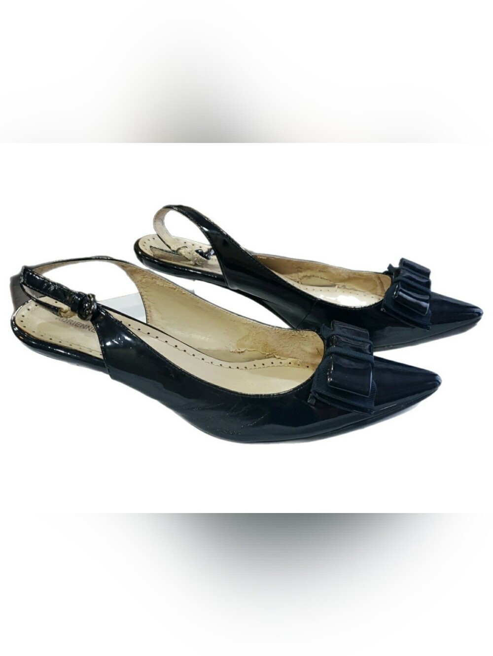 Adrienne Vittadini Navy Patent Pointed Toe Slingback Heels with Bow 8.5